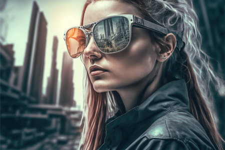 Wondrous portrait of modern stylish lifestyle woman wearing sunglasses mirror the reflection of sunset and cityscape and construction site in background by Generative AI.の素材
