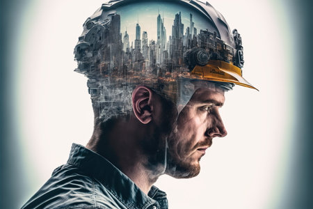 Civil engineer portrait as concept for building construct by professional with hardhat helmet engineer with wondrous double exposure of cityscape, urban with background of skyscraper by generative AIの素材