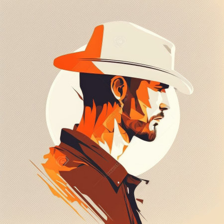 Designed graphic vintage coloring in wearing hat man. Concept of smart trendy dramatic western characteristic profile isolated on plain background. Finest generative AI.の素材