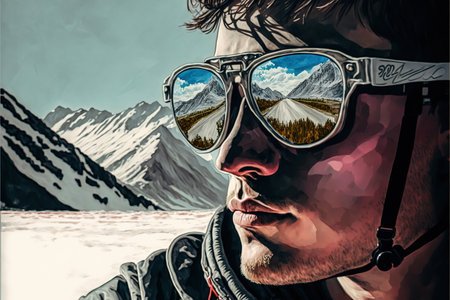Adventure and natural travel in the wondrous mountain landscape and beautiful sky concept portrayed by young man wearing sunglasses with reflection of the nature environment by Generative AI.の素材