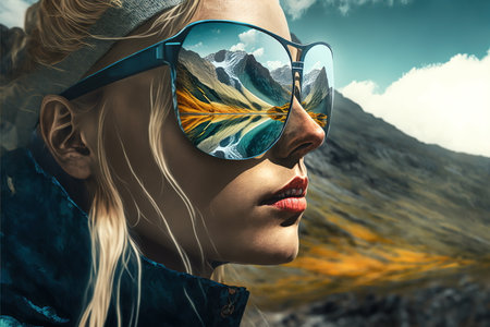 Sunglasses mirrored reflection of the wondrous mountain path and sunny sky portrayed by hiker woman in natural adventurous and nature exploring concept by Generative AI.の素材