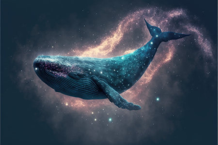 Swimming whale among fantasy abstract art in outer space among particles starry. Concept of glowing nebula with aquatic spouting star dust. Finest generative AI.の素材