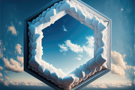 Frame made with white cloud in the sky in hexagon shape. Concept of fantasy luxurious window. Finest generative AI.の素材