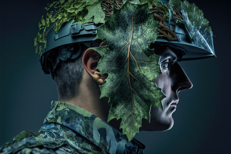 Wondrous double exposure of greenery and green leaves from tree covered agronomist wearing hardhat cover concept of sustainability energy and environmental engineering technology by Generative AI.の素材