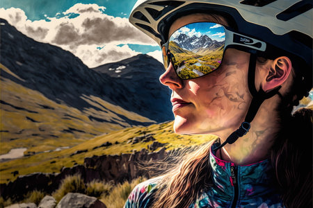 Young female cyclist portrait wearing sunglasses with wondrous reflection of natural environment of mountain landscape and beautiful sky, Fitness and extreme sport in the peak concept Generative AIの素材