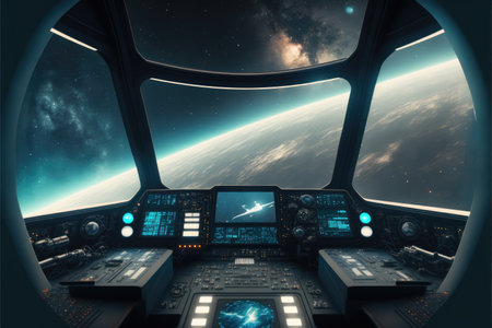 Outer view of spaceship window with control system room. Abstract discover new planet in space. Finest generative AI.の素材