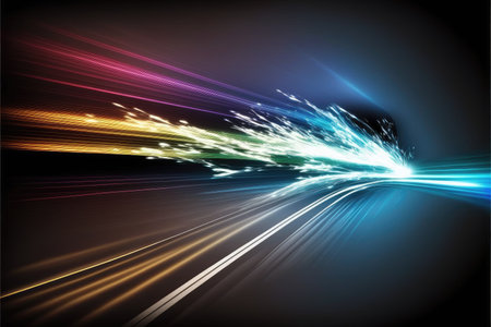 Abstract of high speed car racing of multicolored taillight in streak concept. Art in digital street background. Finest generative AI.の素材