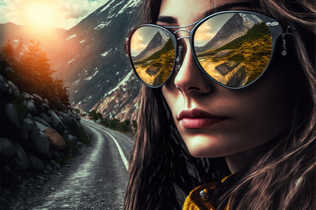 Adventure and natural travel in the wondrous mountain landscape and beautiful sky concept portrayed by young woman wearing sunglasses with reflection of the nature environment by Generative AI.の素材