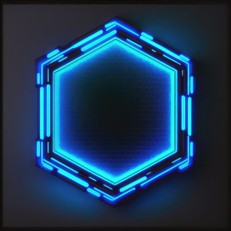 Innovation of hexagon border frame with blue neon light effects overlapped geometry in concept. Finest generative AI.の素材