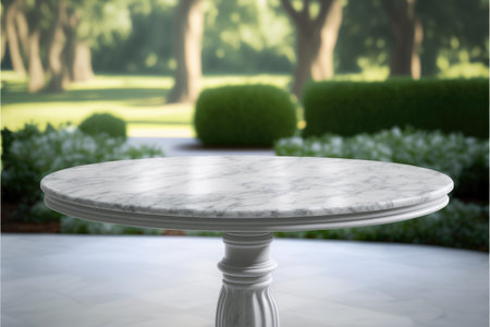 Empty marble table in natural green garden outdoor. Product placement with sunday light. Finest generative AI.の素材