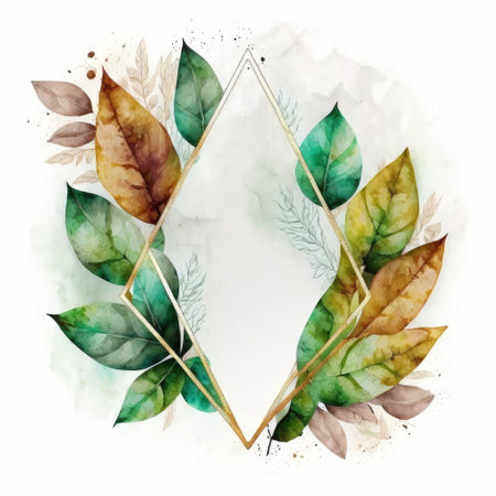Triangle frame of green and golden leaves with watercolor painting isolated on white background. Theme of vintage minimal art design in geometric. Finest generative AI.の素材