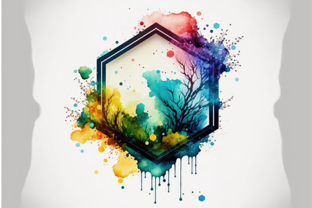 Colorful hexagon arts of abstract frame. Concept of watercolor painting on geometry. Finest generative AI.の素材