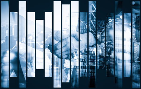 Business handshake on finance prosperity and money technology asset background . Economy and financial growth by investment in valuable stock market to gain wealth profit form currency tradingの写真素材