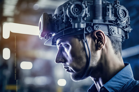 Technological engineer portrait ensuring high-quality and precise production quota on factory assembly line in wondrous double exposure. Manufacturing engineering technology concept by Generative AI.の素材