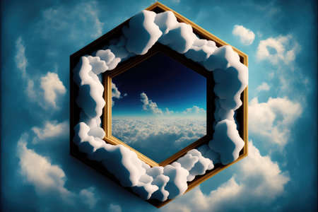 Frame made with white cloud in the sky in hexagon shape. Concept of fantasy luxurious window. Finest generative AI.の素材