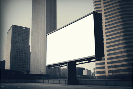 Blank advertising billboard in a large-scale square size among modern urban building. Concept of the media with empty wall background. Finest generative AI.の素材