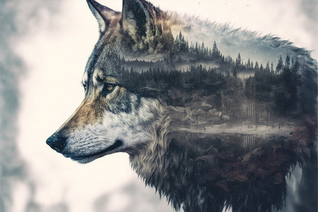 Winter lone wolf portrait on double exposure of wondrous snowy forest landscape in concept of majestic wilderness predator and adventurous in the wild by Generative AI.の素材
