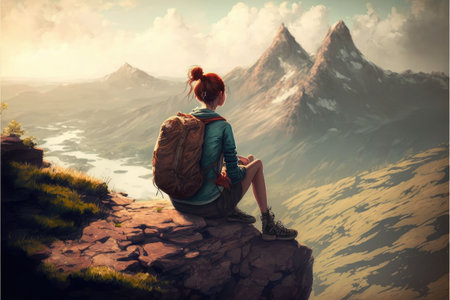 Young backpacker sitting on peak mountain rock edge background. Concept of young generation tourist travel located on top of cliff. Finest generative AI.の素材