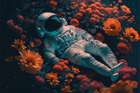 Astronaut laying in the colorful flower garden with top view. Concept of the relaxation in space cinematic fantasy dark light. Finest generative AI.の素材