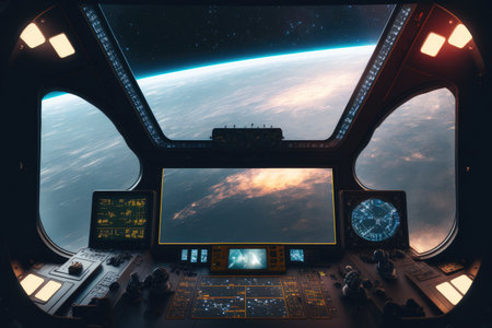 Outer view of spaceship window with control system room. Abstract discover new planet in space. Finest generative AI.の素材