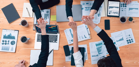 Top-view closeup business team of financial data analysis meeting with business intelligence, report...