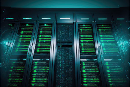 Database center room with fully service system operated by software server rack. Concept of dark with neon blue green lights with darkness. Finest generative AI.の素材
