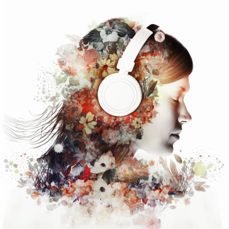 Sedate double exposure portrait of beautiful woman in headphone listen to music immerse with spring blossom colorful flower as concept of music-loving lifestyle in serenity with nature. Generative AIの素材