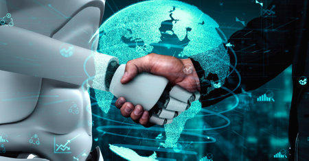 Future financial technology controll by AI robot huminoid uses machine learning and artificial intelligence to analyze business data and give advice on investment and trading decision . 3D rendering .の写真素材