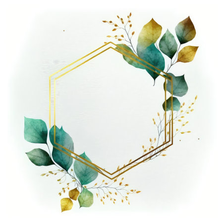 Hexagon frame of green and golden leaves with watercolor painting isolated on white background. Theme of vintage minimal art design in geometric. Finest generative AI.の素材