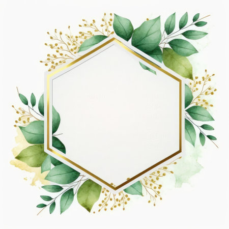 Hexagon frame of green and golden leaves with watercolor painting isolated on white background. Theme of vintage minimal art design in geometric. Finest generative AI.の素材