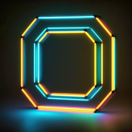Abstract art in neon spotlight in hexagon frame isolated on black background. Concept of glowing geometric shape at night time. Finest generative AI.の素材