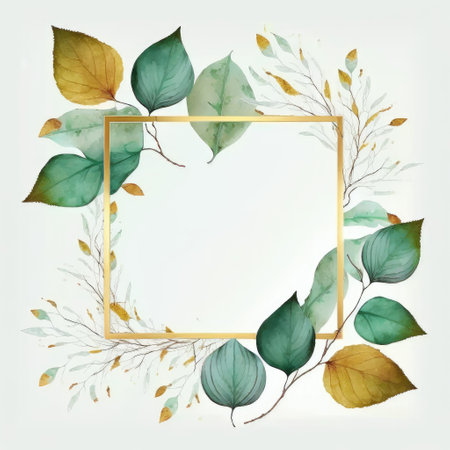 Square frame of green and golden leaves with watercolor painting isolated on white background. Theme of vintage minimal art design in geometric. Finest generative AI.の素材