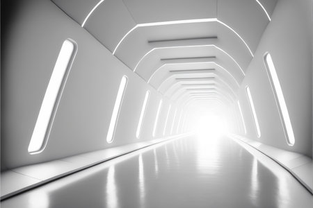 Abstract of futuristic scifi tunnel corridor with white light background. Concept of modern interior spaceship design. Finest generative AI.の素材