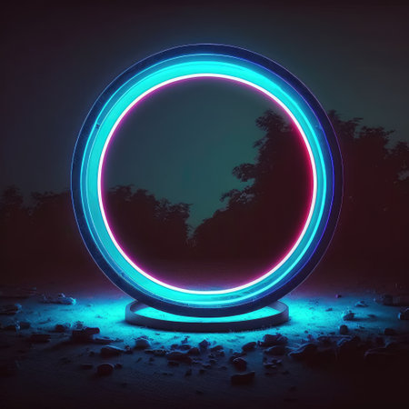 Abstract art in landscape view in neon spotlight circle frame. Concept of glowing geometric shape at night time. Finest generative AI.の素材