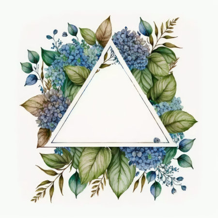 Triangle frame of blue flower and green leaves with watercolor painting isolated on white background. Theme of vintage minimal art design in geometric. Finest generative AI.の素材