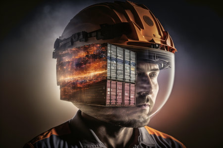 Modern sea-borne and naval engineering concept. Wondrous portrait of ambitious engineer and cargo ship with containers double exposure. Concept of supply chain and goods shipping by Generative AI.の素材
