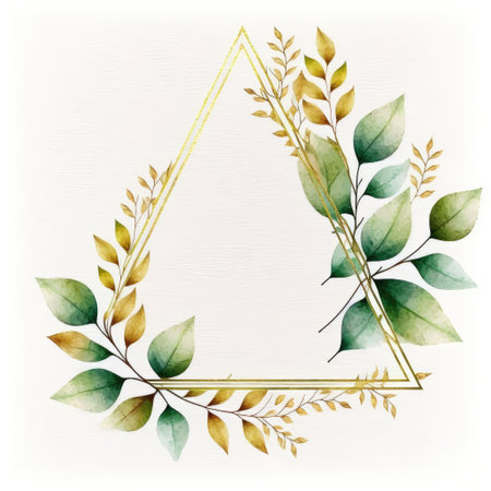 Triangle frame of green and golden leaves with watercolor painting isolated on white background. Theme of vintage minimal art design in geometric. Finest generative AI.の素材