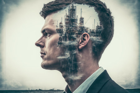 Wondrous visually businessman wearing black suit portrait and offshore oil rig double exposure as concept of modern petroleum and gas exploration and extraction in the sea by Generative AI.の素材