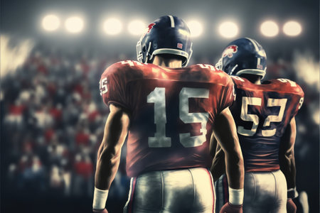 Close-up american football team boys in sport stadium. Concept of teamwork at stadium. Finest generative AI.の素材