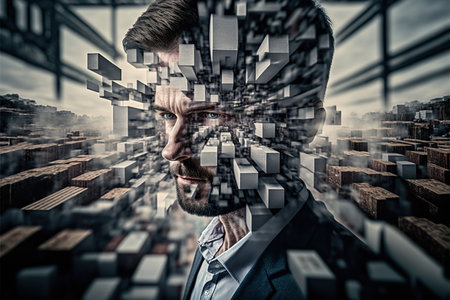 Fast-paced business environment concept warehouse with modern logistic supply chain handling for efficient storage handling with portrait of businessman in wondrous double exposure by Generative AI.の素材