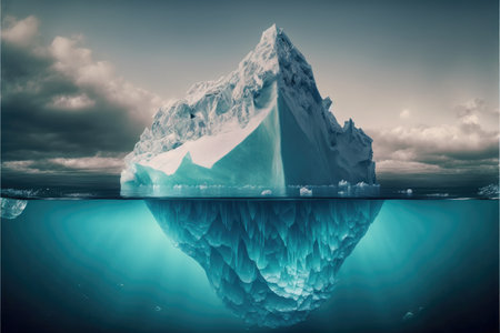 Large white iceberg floating in the frozen ocean with underwater beautiful transparent view. Concept of polar geographic. Finest generative AI.の素材