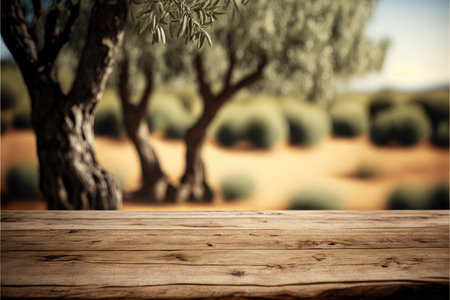 Focus empty wood table with blurred natural olive tree background. Concept of blank space for advertising product. Finest generative AI.の素材