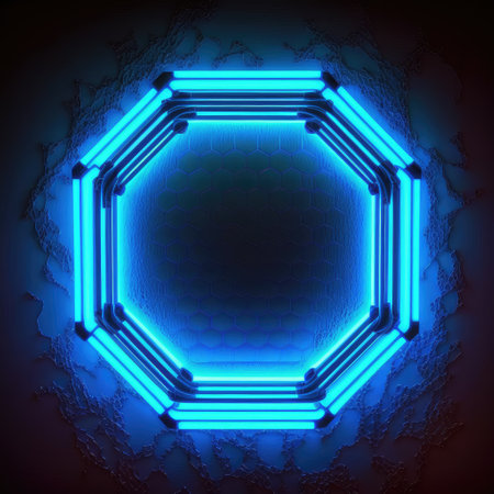 Innovation of hexagon border frame with blue neon light effects overlapped geometry in concept. Finest generative AI.の素材