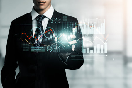 Businessman analyst working with digital finance business data graph showing technology of investment strategy for perceptive financial business decision. Digital economic analysis technology concept.の写真素材