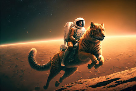 Astronaut riding big cat on Mars landscape. Concept of orange light on outer. Finest generative AI.の素材