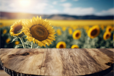 Focus empty wood table with blurred sunflower tree background. Concept of blank space for advertising product. Finest generative AI.の素材