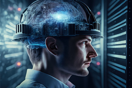Data computing engineering concept. Engineer with helmet double exposure with wondrous server room or datacenter with cutting-edge technology in network security cloud storage by Generative AI.の素材