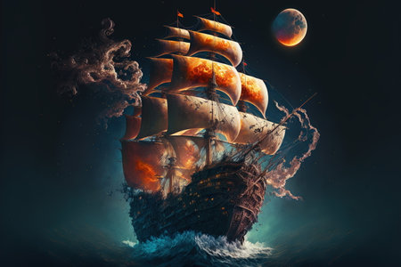 Wondrous illustration work of enchanted sailing ship travel through cosmical space and ocean wave in fantasy starry universe sky background. Artwork of pure imagination and wonder by Generative AI.の素材