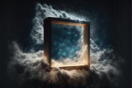 Abstract design of square shape clouds with dying colorful particles exploding. Concept of mystery outer over dark background with glowing light geometric design. Finest generative AI.の素材