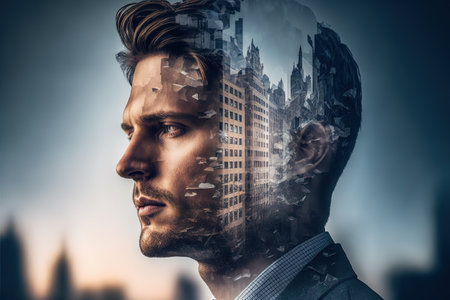 Ambitious businessman portrait plan financial or real estate strategy with wondrous double exposure urban cityscape skyscraper background as concept for commercial district concept by Generative AI.の素材
